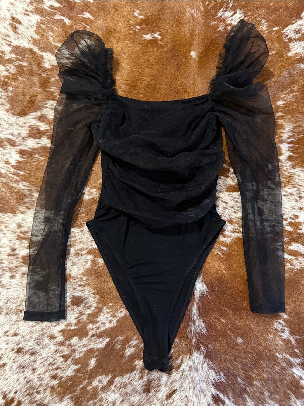 Sheer Puff Sleeve Black Bodysuit